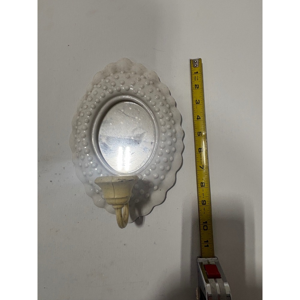 Vintage White Milk Hobnail Mirror Candle Sconce Wall Hanging Scalloped